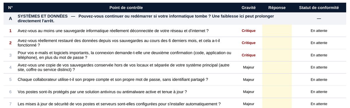 Aperçu de l'Audit des risques&nbsp;: les premières questions de la grille, avec la gravité de chaque point et la colonne réponse à remplir.