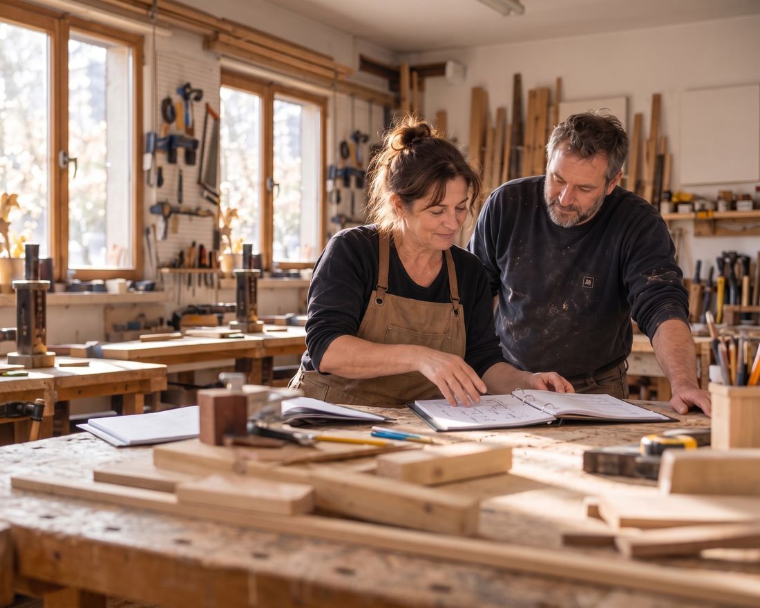 Photo d'illustration&nbsp;: deux artisans consultent un classeur ouvert sur l'établi de leur atelier de menuiserie.